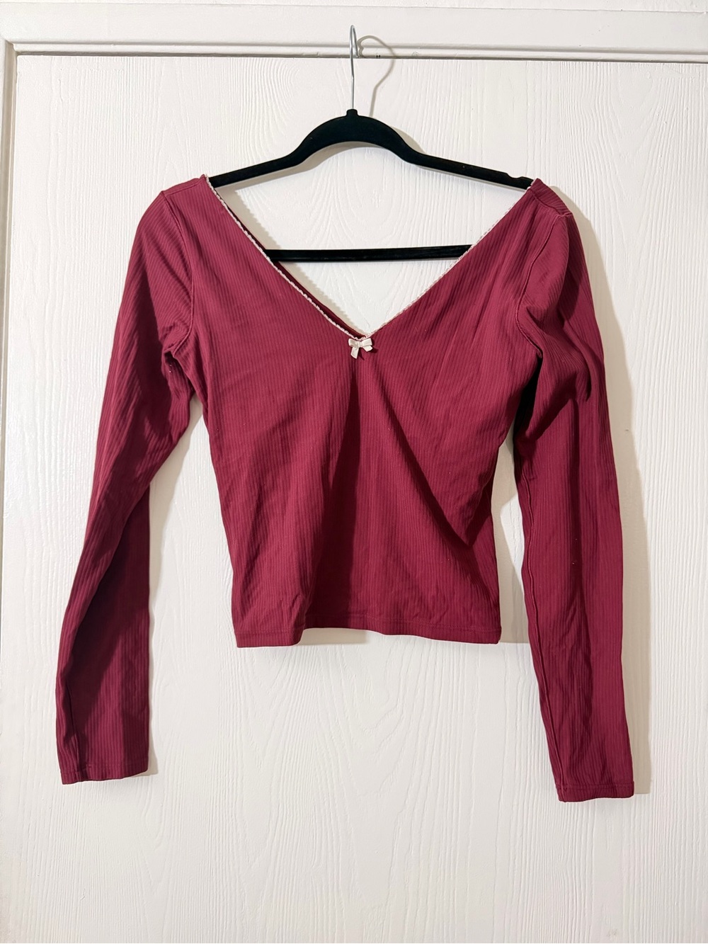 aerie Ribbed V-Neck Long Sleeve Top in Burgundy with Bow